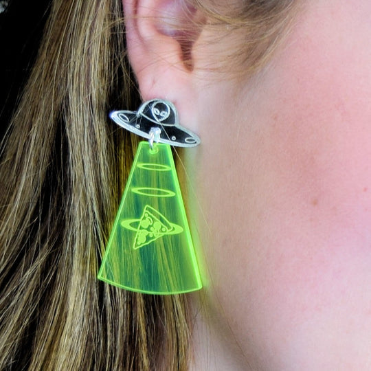 Earrings UFO Beam UP Pizza Slice Silver Mirror Transparent Green