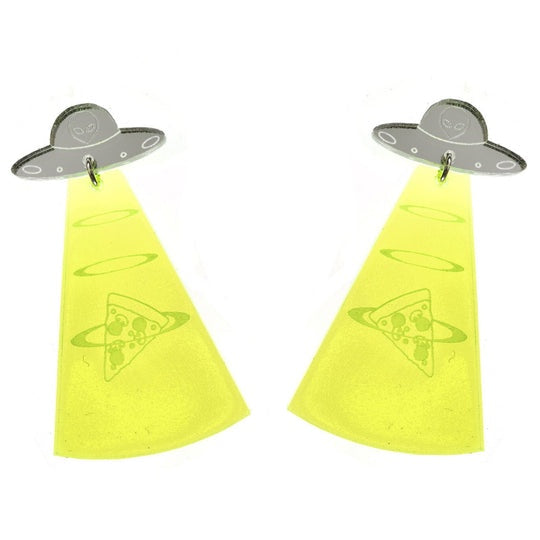 Earrings UFO Beam UP Pizza Slice Silver Mirror Transparent Green